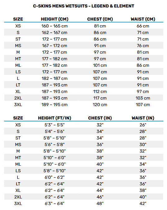 2025 CSkins Mens Legend And Element Wetsuit 0 Guida alle taglie